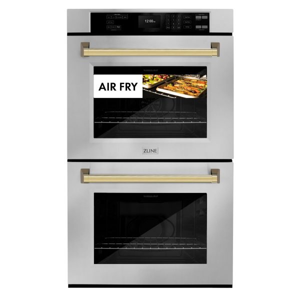 ZLINE 30 in. Autograph Edition Professional True Convection Double Wall Oven with Air Fry and Self Clean in Stainless Steel with Polished Gold Handles (WADZ-30-G) Online Hot Sale