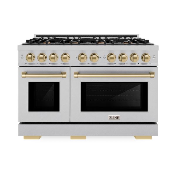 ZLINE Autograph Edition 48 in. 6.7 cu. ft. Select Double Oven Dual Fuel Range with 8 Burner Gas Cooktop in DuraSnow  Stainless Steel and Champagne Bronze Accents (HDRSZ-48-CB) Discount