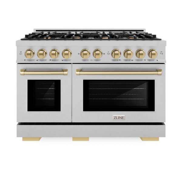 ZLINE Autograph Edition 48 in. 6.7 cu. ft. Select Double Oven Gas Range with 8 Burner Cooktop in DuraSnow  Stainless Steel and Champagne Bronze Accents (HGRSZ-48-CB) For Discount