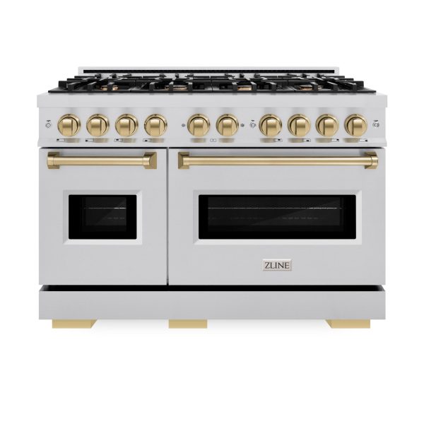 ZLINE Autograph Edition 48 in. 6.7 cu. ft. Classic Double Oven Gas Range with 8 Burner Cooktop in Stainless Steel and Champagne Bronze Accents (CGRZ-48-CB) Sale