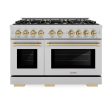 ZLINE Autograph Edition 48 in. 6.7 cu. ft. Select Double Oven Dual Fuel Range with 8 Burner Gas Cooktop in DuraSnow  Stainless Steel and Champagne Bronze Accents (HDRSZ-48-CB) Discount