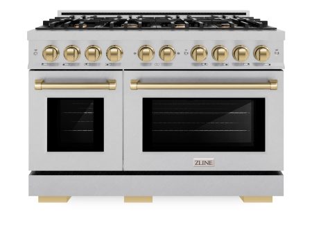 ZLINE Autograph Edition 48 in. 6.7 cu. ft. Select Double Oven Dual Fuel Range with 8 Burner Gas Cooktop in DuraSnow  Stainless Steel and Champagne Bronze Accents (HDRSZ-48-CB) Discount