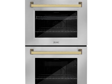 ZLINE 30 in. Autograph Edition Professional True Convection Double Wall Oven with Air Fry and Self Clean in Stainless Steel with Polished Gold Handles (WADZ-30-G) Online Hot Sale