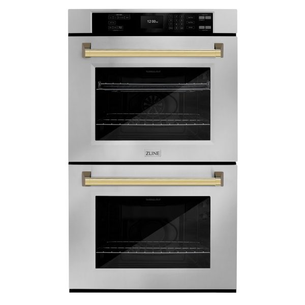 ZLINE 30 in. Autograph Edition Professional True Convection Double Wall Oven with Air Fry and Self Clean in Stainless Steel with Polished Gold Handles (WADZ-30-G) Online Hot Sale