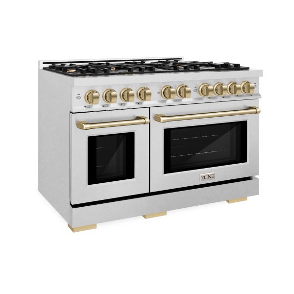 ZLINE Autograph Edition 48 in. 6.7 cu. ft. Select Double Oven Gas Range with 8 Burner Cooktop in DuraSnow  Stainless Steel and Champagne Bronze Accents (HGRSZ-48-CB) For Discount