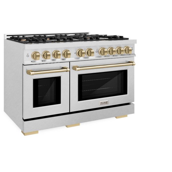 ZLINE Autograph Edition 48 in. 6.7 cu. ft. Select Double Oven Dual Fuel Range with 8 Burner Gas Cooktop in DuraSnow  Stainless Steel and Champagne Bronze Accents (HDRSZ-48-CB) Discount